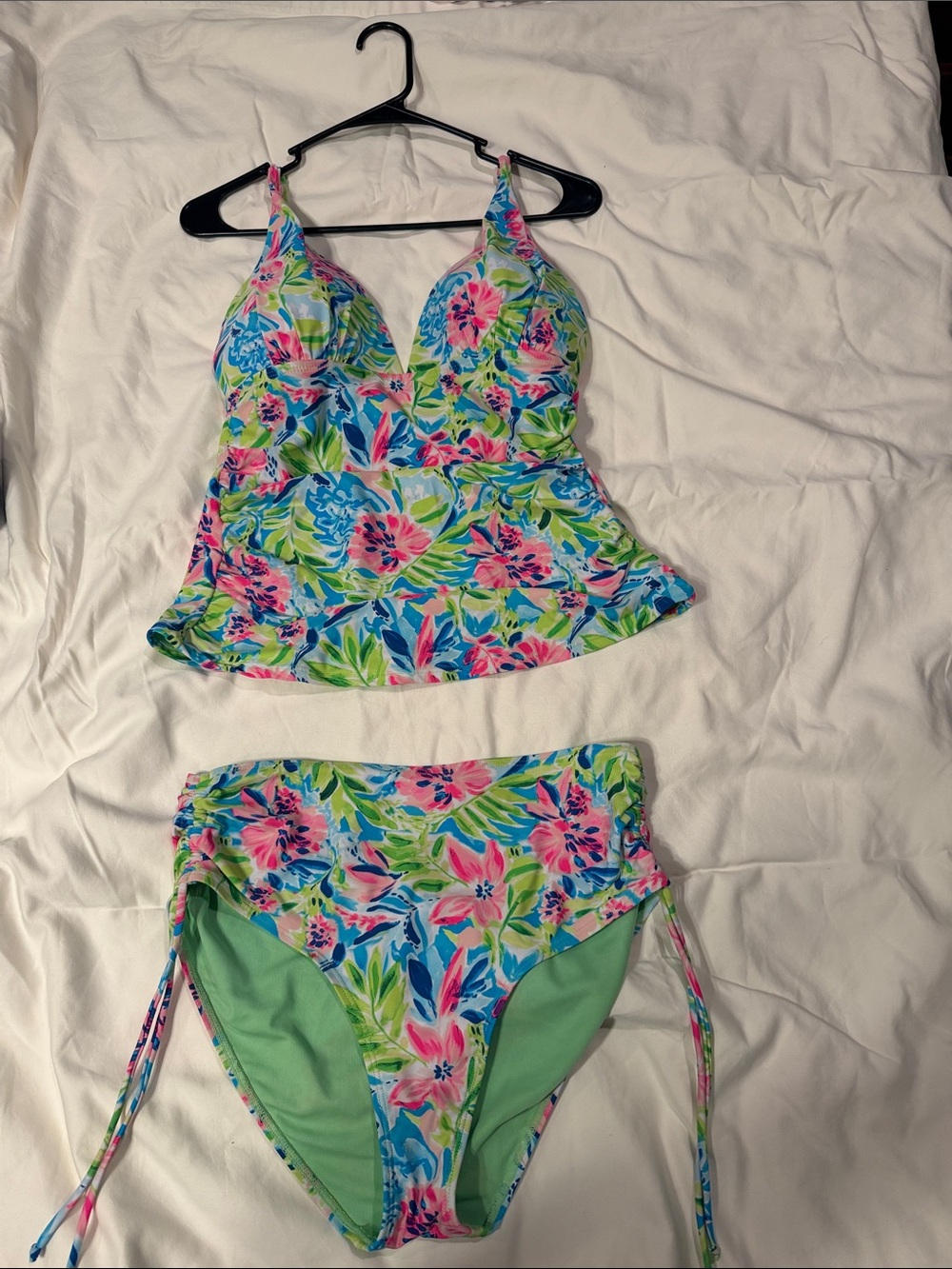 Floral Peplum Tankini Set in Pink, Blue & Green